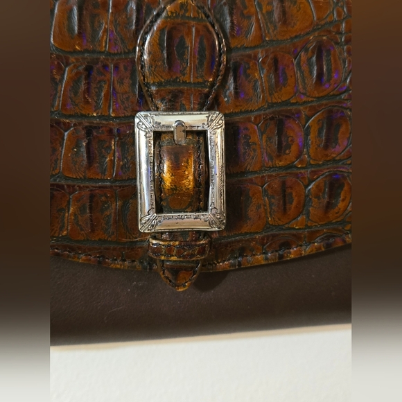 Brighton Crossbody Wallet In Black Leather With Brown Crocodile Embossed Design - Picture 5 of 17